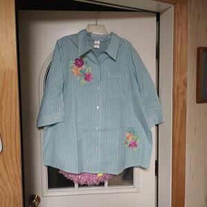 New Blair Green White Striped Flowers 3/4 Sleeve Button Down Shirt Women's 2X